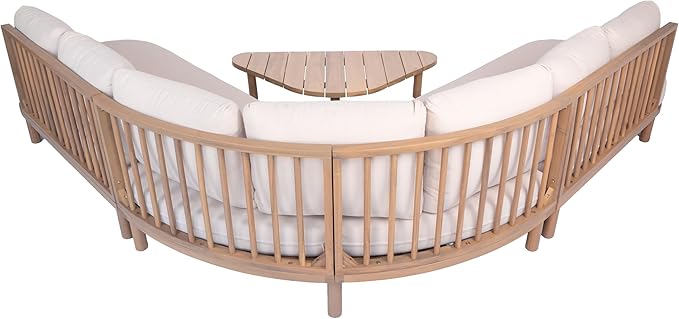 Merax 5 Piece Patio Acacia Wood Curved Sectional Sofa Set, Outdoor Half- Moon Sofa Couch with Waterproof Cushions, 1 Coffee Table for Garden, Lawn, Backyard, Poolside, Beige+Brown