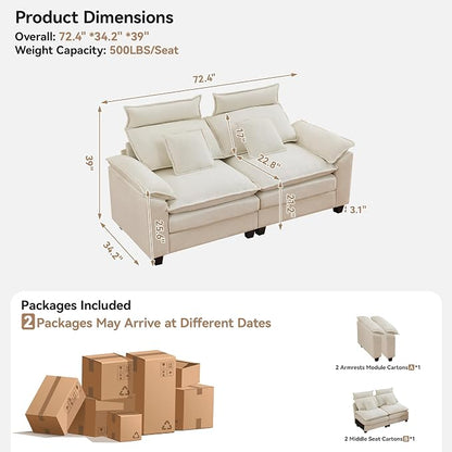 72'' Cloud Modern Loveseat Couch with Detachable Headrest, Modular Sectional Sofa Couch Deep Love Seat, Oversized 2 Seater Chenille Comfy Sofa with Armrests for Living Room, Beige