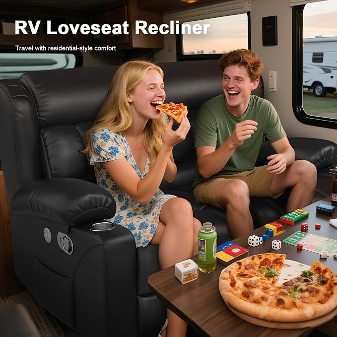RV Loveseat Recliner Sofa, Reclining Loveseat Home Theater Seating with USB Ports, Cup Holders, Insert Pockets, Wall Hugger RV Recliners for Movie Room, Recline Movie Seats Gaming Sofa, Black