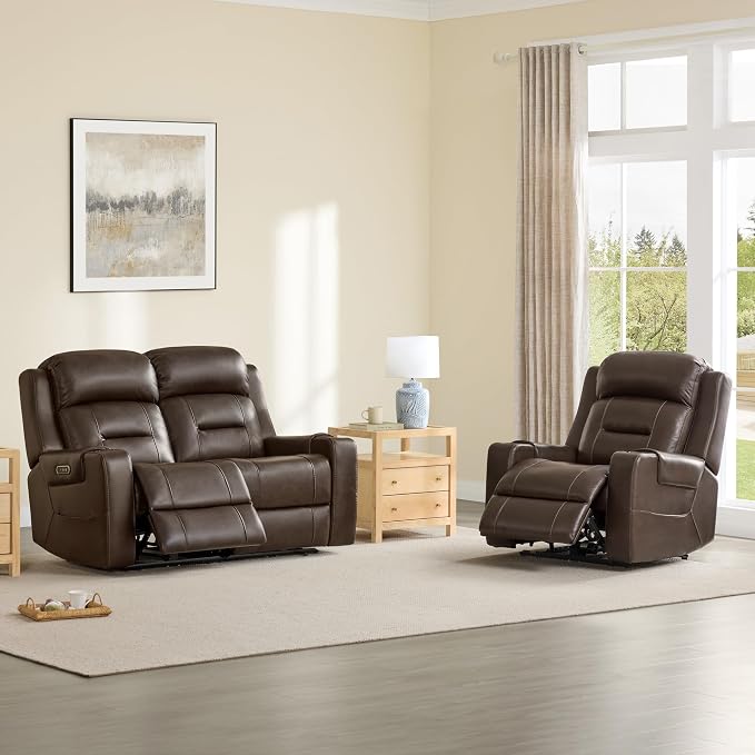 Watson & Whitely Genuine Leather Power Loveseat Recliner Sofa, Lay Flat Loveseat Reclining Sofa with Power Headrest, Cup Holders, USB & Type-C Ports, Dual Recliners for Living Room, Dark Brown