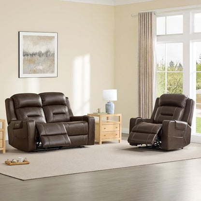 Watson & Whitely Genuine Leather Power Loveseat Recliner Sofa, Lay Flat Loveseat Reclining Sofa with Power Headrest, Cup Holders, USB & Type-C Ports, Dual Recliners for Living Room, Dark Brown