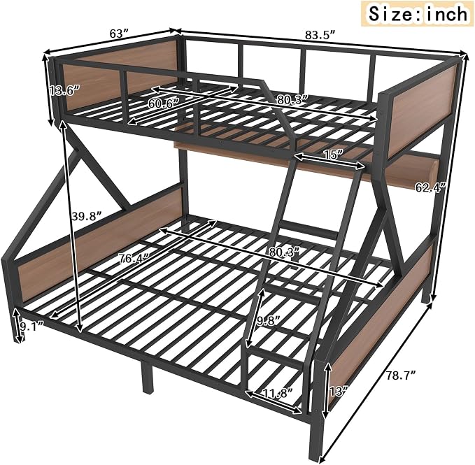 KEIKI Queen Over King Bunk Bed, Heavy Duty Metal Bunkbed with Storage Shelves, Lights, Bottom Space & Guardrail for Aldults Dorm Bedroom Guest Room, No Box Spring Needed, Noise-Free Design