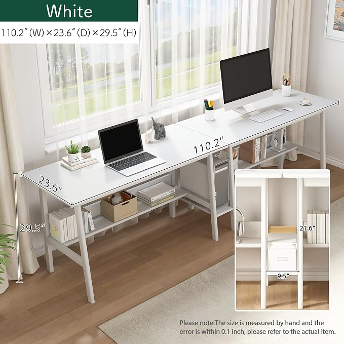 NELYE 2 Person Desk with Storage Bookshelf, 110” x 24” in, White | Fits Two People, Trapezoid Solid Wood Legs for Stability, Splits into Two Desks, Suitable for Home Office and Study