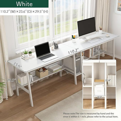 NELYE 2 Person Desk with Storage Bookshelf, 110” x 24” in, White | Fits Two People, Trapezoid Solid Wood Legs for Stability, Splits into Two Desks, Suitable for Home Office and Study