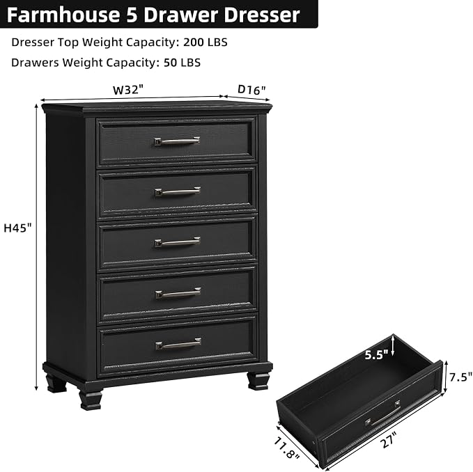 SAVOR LIFE Farmhouse Chest of Drawers for Bedroom, 45” Tall Dresser for Closet, Rustic Wood Dressers for Bedroom, Hallway, Entryway, Black