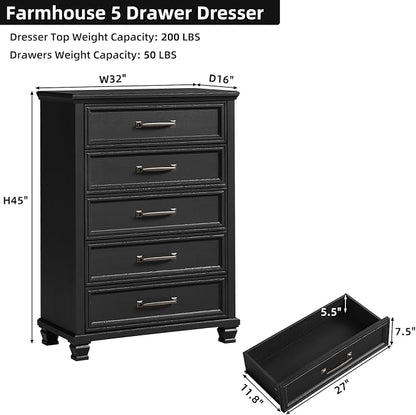 SAVOR LIFE Farmhouse Chest of Drawers for Bedroom, 45” Tall Dresser for Closet, Rustic Wood Dressers for Bedroom, Hallway, Entryway, Black