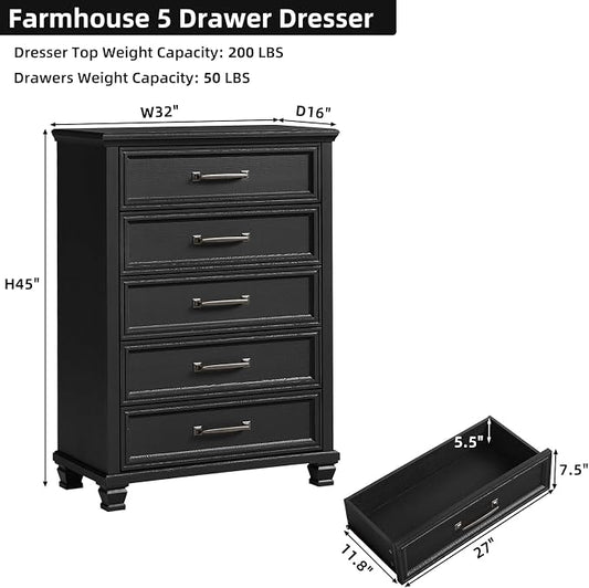 SAVOR LIFE Farmhouse Chest of Drawers for Bedroom, 45” Tall Dresser for Closet, Rustic Wood Dressers for Bedroom, Hallway, Entryway, Black