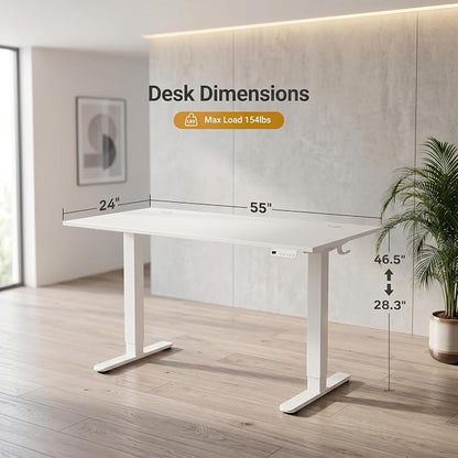 Claiks Electric Standing Desk, 55 x 24 Inch Height Adjustable Sit Stand Desk for Home Office, Computer Desk with Memory Presets, Cable Management & Headphone Hooks, 156 lbs Capacity, White
