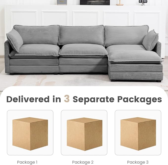 ROWHY 112'' Modular Sectional Cloud Couch with Movable Ottoman, 4 Seat Modern Corduroy Sofa with 2 Throw Pillows, Comfy Deep Seat L Shaped Couches for Living Room Bedroom Apartment, Dark Grey