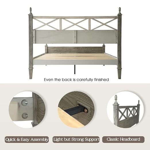 Queen Size Platform Bed Frame with Solid Wood Headboard & Footboard, Metal Legs, 12 Durable Slatted Base, No Box Spring Needed, Easy Assembly, Noise-Free & Anti-Slip, Weathered Gray Oak Finish RIQ-34