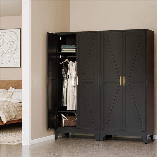 COFaR Metal Wardrobe Cabinet, 71" Farmhouse Storage Cabinet with Hanging Rod, 2 Barn Door, 2 Adjustable Shelves and Legs, for Bedroom, Laundry Room, Cloak Room, Gym, Office, School (Black)