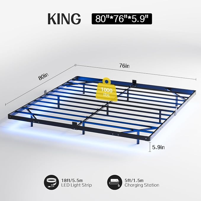 Liians King Size Floating Bed Frame with Smart LED Lights and USB Charging Station, Modern Sturdy Metal Platform, Noise Free, No Box Spring Needed Easy Assembly