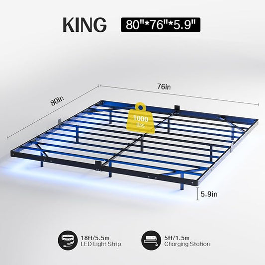 Liians King Size Floating Bed Frame with Smart LED Lights and USB Charging Station, Modern Sturdy Metal Platform, Noise Free, No Box Spring Needed Easy Assembly