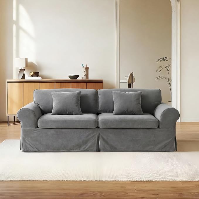 Mistpeople Modern Loveseat Sofa Couch, Upholstered Comfy Sofa with Pillows & Armrests, Deep Seating Couch with Removable Cover for Living Room Bedroom Apartment Office Small Spaces, Grey 3 Seats