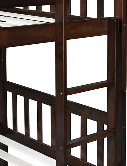 Merax Twin-Over-Twin Bunk Bed with Movable Trundle, Solid Wood Detachable Bunk Bed with Safety Guardrial and Ladder, Can be Converted Into 3 Separate Beds (Espresso)