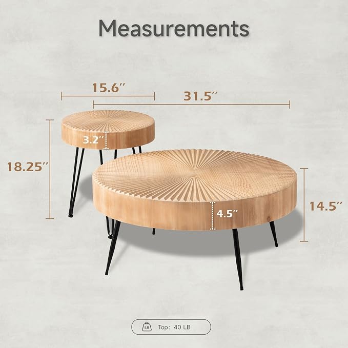 COZAYH 2-Piece Round Nesting Coffee Table Set, Natural Wood Top with Black Metal Legs, Radial Pattern – Rustic Farmhouse Accent for Living Room or Bedroom – Space-Saving Modern Furniture