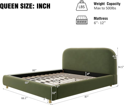 Merax Queen Size Velvet Fabric Upholstered Platform Bed with Curved Shaped Headboard, Wood Bed Frame with Solid Round Legs for Kids Teens Adults, Olive Green