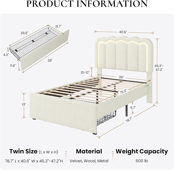 SHA CERLIN Upholstered Twin Size Bed Frame with LED Lights and Large Storage Drawer, Velvet Platform Bed with Adjustable Wavy Headboard, Noise Free, Easy Assembly, No Box Spring Needed, Soft Cream