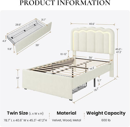 SHA CERLIN Upholstered Twin Size Bed Frame with LED Lights and Large Storage Drawer, Velvet Platform Bed with Adjustable Wavy Headboard, Noise Free, Easy Assembly, No Box Spring Needed, Soft Cream