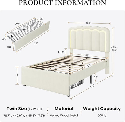 SHA CERLIN Upholstered Twin Size Bed Frame with LED Lights and Large Storage Drawer, Velvet Platform Bed with Adjustable Wavy Headboard, Noise Free, Easy Assembly, No Box Spring Needed, Soft Cream