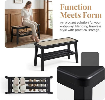 ROCITY Black Rattan Entryway Bench Wood Bench with Shoe Rack 30 Inch Small Bench Seat Storage Indoor Wooden Dining Bench Farmhouse Vintage Rustic Accent Bench for Porch/Dining Room/Living Room