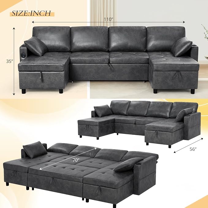 110 inches Suede Leather Sleeper Sofa w/Pull Out Bed, U-Shape Sectional Sofa Bed w/Adjustable Backrest and Storage Chaises, 4-Seats Upholstered Sofa Bed w/USB Port for Living Room, Grey
