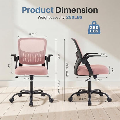 DUMOS Home Office Desk Chair - Ergonomic Computer Mesh Chair with Lumbar Support & Rocking Mode, Height Adjustable with Flip-up Armrest, for Conference, Meeting Room, 360° Swivel, Adults, Pink
