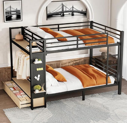 Bellemave Bunk Bed Queen Over Queen,Metal Bunk Bed with Shelf and Guardrails,Queen Bunk beds with Storage Drawers and Clothes Hooks for Kids, Teens & Adults（Black）