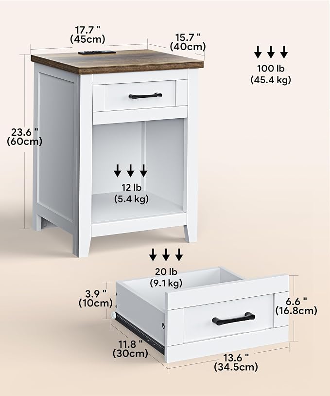 Decofy Farmhouse Nightstand with Charging Station & Large Storage, Set of 2 Modern End Tables with Outlets, USB Ports and Type-C Ports, Easy Assembly for Bedroom (Pure White + Walnut)