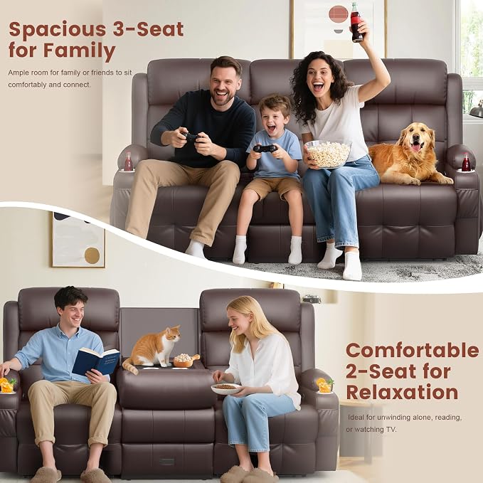 Loveseat Recliner, 3 Seater Massage Reclining Sofa Sets Heavy Weight Capacity, RV Loveseat Couch Clearance with Drop Down Table, Storage, Cup Holders, Wall Hugger Reclining Couch for Living Room