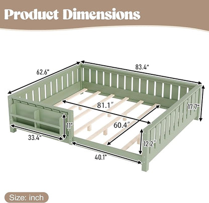 Bellemave Queen Size Floor Bed with high Rails and with Built-in Bookshelf for Kids, Girls, Boys, Wood Montessori Floor Bed Without Door, Avocado Green
