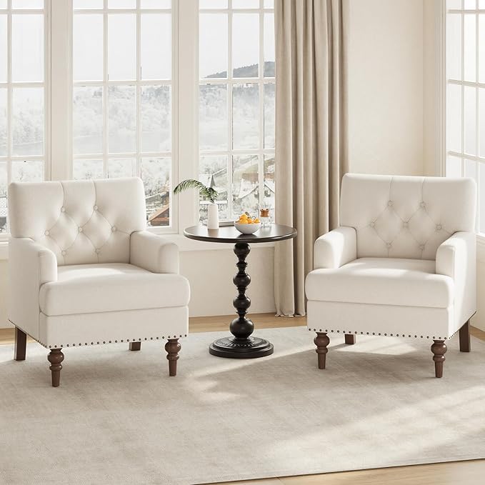 MALOL Upholstered Accent Chair, Comfy Reading Chair for Living Room, Mid Century Modern Armchair with Thick Cushion & Solid Rubberwood Legs, for Bedroom/Small Spaces, Beige