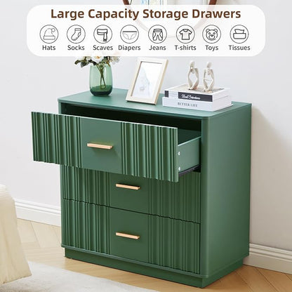 Fluted Dresser for Bedroom with 3 Drawers, 31.5" Wide Modern Chest of Drawers with Curved Profile Design, Wood Closet Clothes Storage Organizer for Living Room, Entryway, Hallway, Green