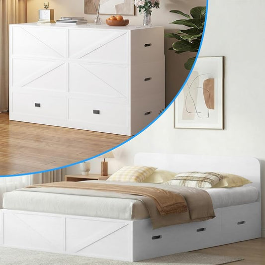 PUREMIND Murphy Bed Full with Mattress Included, Wood Cabinet Bed with Dual Storage Drawers & 2 Pillows, 3-in-1 Convertible Sofa Beds for Small Space, Guest Room, White