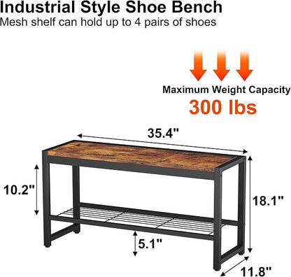 HOMEFORT Shoe Bench, Modern Industrial Shoe Storage Bench, Entryway Bench with Mesh Shelf and Sturdy Metal Frame, Metal Shoe Rack Bench for Hallway, Mudroom, Living Room, Rustic Brown