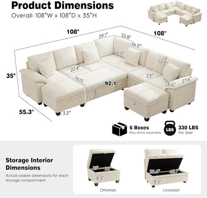 Ihanherry 108" Modular Sectional Sofa with Pull Out Bed, 9-Seater U Shaped Sectional Sleeper Couch with Storage, Chenille Convertible Couches for Living Room, Apartment (Beige)