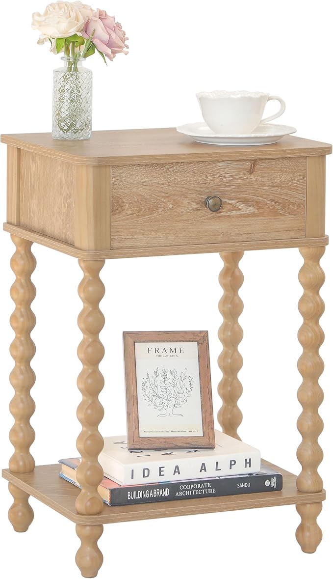 AWASEN Night Stand, Wood End Table with Drawer for Living Room, Small Bedside Side Table with Spindle Wood Legs for Bedroom, Office, Rustic Walnut