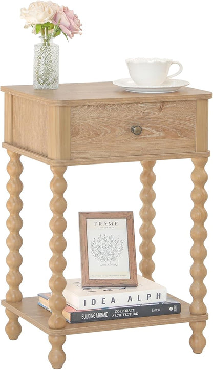 AWASEN Night Stand, Wood End Table with Drawer for Living Room, Small Bedside Side Table with Spindle Wood Legs for Bedroom, Office, Rustic Walnut