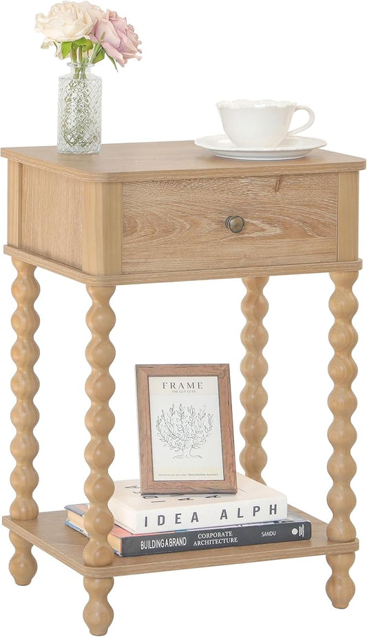 AWASEN Night Stand, Wood End Table with Drawer for Living Room, Small Bedside Side Table with Spindle Wood Legs for Bedroom, Office, Rustic Walnut