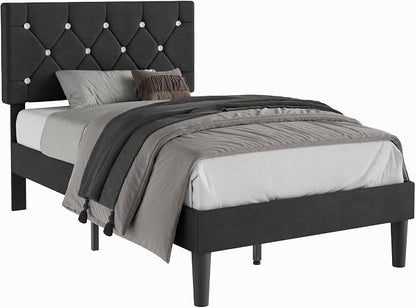 VECELO Twin Size Bed Frame, Upholstered Platform with Adjustable Diamond Tufted Headboard, Wood Slat Support, No Box Spring Needed, Velvet & Black
