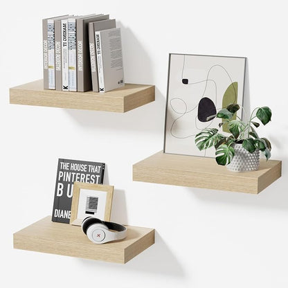 Oak Floating Shelves Set of 3,11.8 Inch Small Wall Shelves for Bathroom,Bedroom,Kitchen,Above Toilet Shelves
