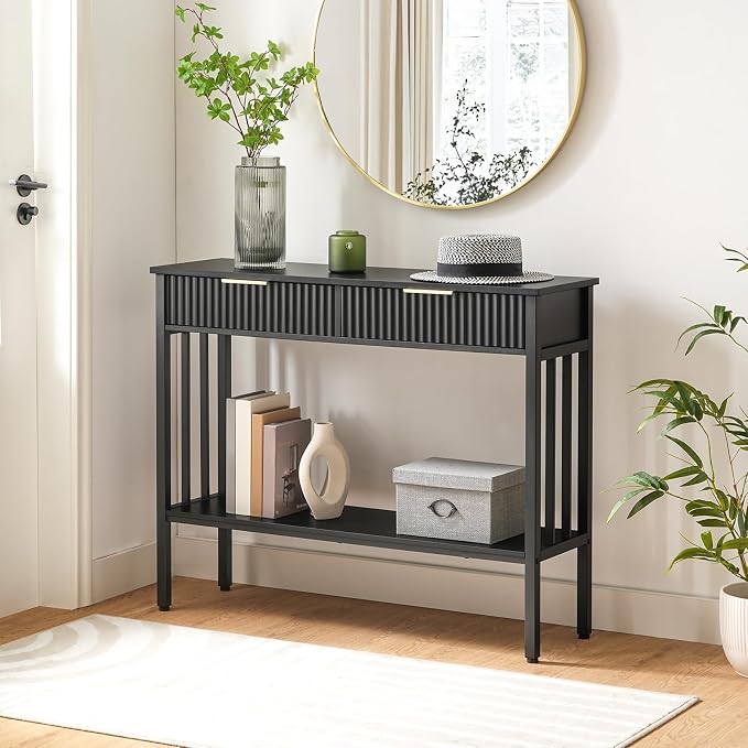 MAHANCRIS 39.4" Console Table with 2 Drawers, Narrow Long Entry Table with Storage Shelf, 2-Tier Fluted Entryway Table with 2 Drawers, for Entryway, Living Room, Foyer, Hallway, Office, Black CTHB5101