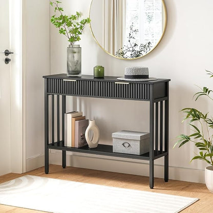 MAHANCRIS 39.4" Console Table with 2 Drawers, Narrow Long Entry Table with Storage Shelf, 2-Tier Fluted Entryway Table with 2 Drawers, for Entryway, Living Room, Foyer, Hallway, Office, Black CTHB5101