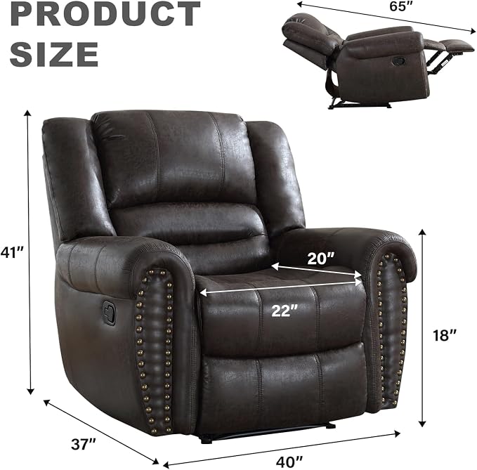 INZOY Leather Recliner Chair, Heavy Duty Manual Reclining Sofa Single Lounge Sofa for Living Room, Home Theater Seating, Dark Grey