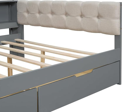 Bellemave Full Corner Bed Frame with Storage Shelves and Desk, Wood Full SizeDaybed with Bookcase and Drawers and Upholstered Headboard, Gray