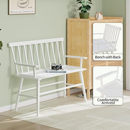 APRTAT Bamboo Entryway Bench, Dining Bench with Spindle Back (White) | Natural Bamboo & H-Shaped Support, Spindle Back, Ideal for entryways, bedrooms, outdoor settings, Easy Assembly & Clean
