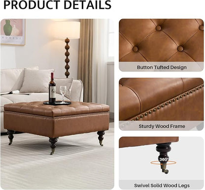 Large Square Storage Ottoman Uphlostered Tufted Button Coffee Table, Oversized Footrest Bench with Castered Rolling Wheels for Living Room, Brown Faux Leather