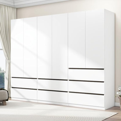 Armoire Wardrobe Closet with Drawers：75" Large White Wardrobe Closet Cabinet with 6 Doors for Hanging Clothes, Modern Wooden Bedroom Armoires with 7 Drawers and Storage (A+B+A, 94.5")