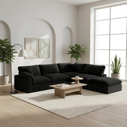 143" Cloud Modular Sectional Sofa,Black Down Filled Sofa 4 Seat with Chaise,Minimalist Sofa Cover Washable and Replaceable Couches for Living Room,Sectional Sofa Deep Seat