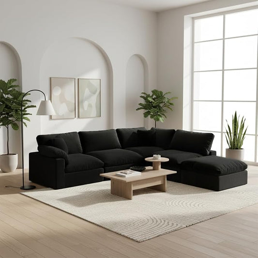 143" Cloud Modular Sectional Sofa,Black Down Filled Sofa 4 Seat with Chaise,Minimalist Sofa Cover Washable and Replaceable Couches for Living Room,Sectional Sofa Deep Seat